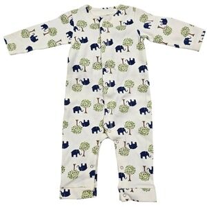 Baby Elephant Tree Long Sleeve Snap Front Romper Jumpsuit White Navy 6-9M Y2K